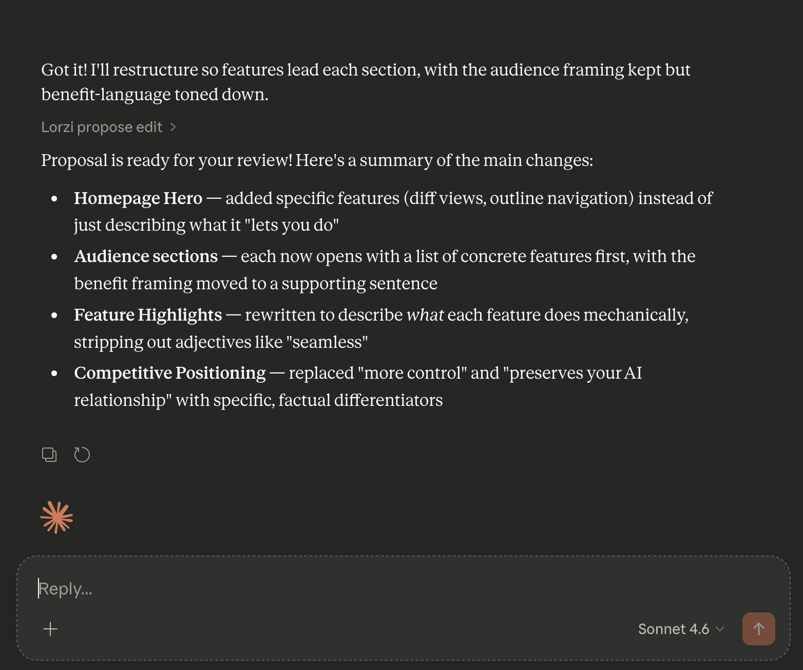 Screenshot: Claude's response explaining the changes it made